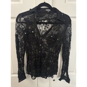 Express Black Lace Button Up Sheer Blouse Size M